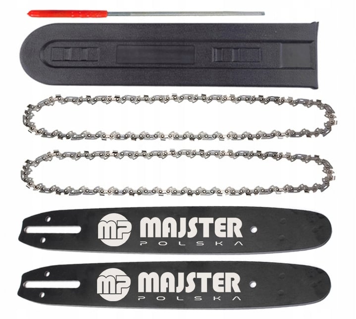 Dwie prowadnice, dwa łańcuchy, osłona prowadnicy i pilnik do ostrzenia łańcucha. 